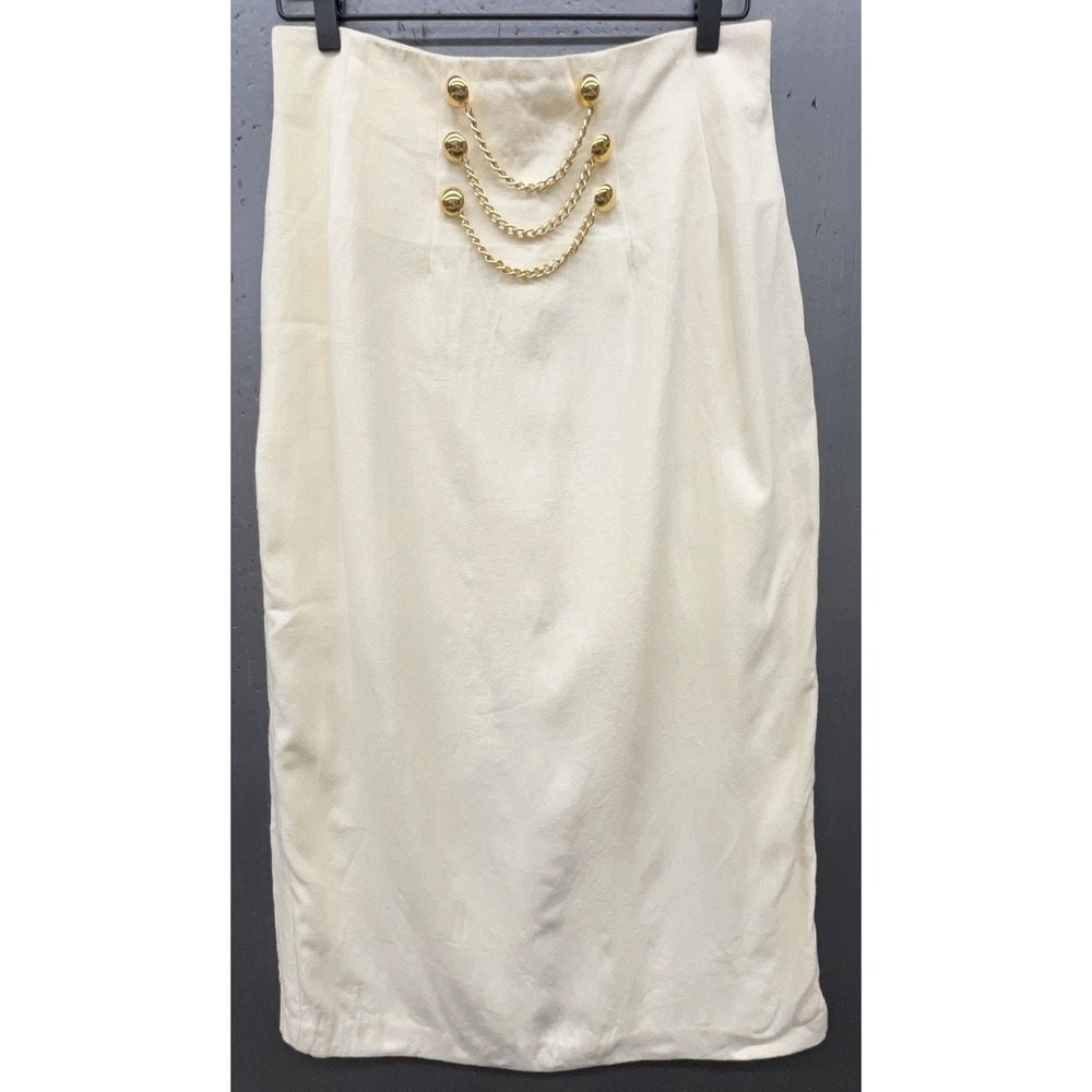 Vintage Skirt 14 Ivory Cream Gold Chains Wool Blend Midi Pencil Classic Chic